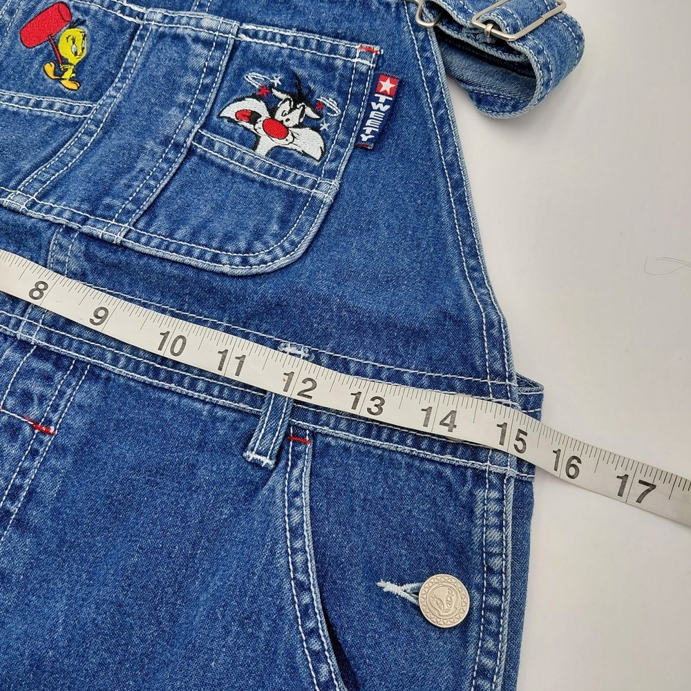 Vtg Looney Tunes Denim Overall Shorts Youth L 10/12 Tweety Sylvester 90s Y2K - Picture 6 of 10